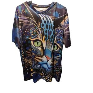 Unbranded Cosmic Cat Face All Over Print Shirt Blue XXL‎ Psychedelic Graphic Tee